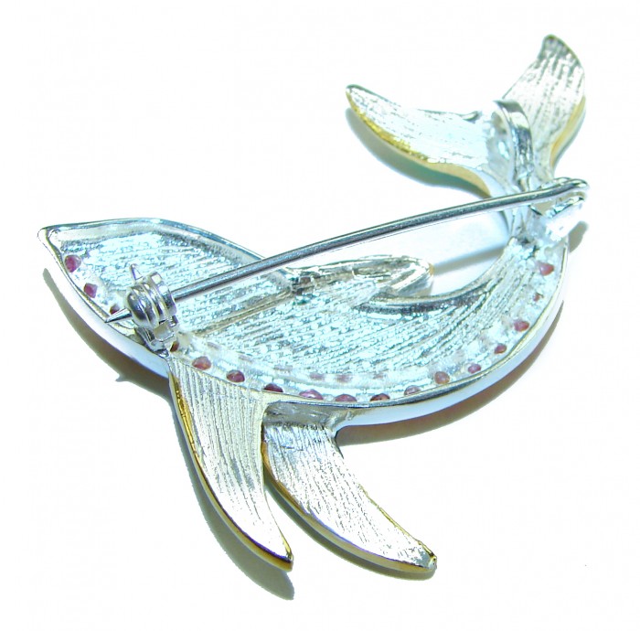 Dolphin Natural Rainbow Abalone Ruby .925 Sterling Silver handmade Pendant Brooch - Back view of dolphin brooch showcasing clasp and texture details.