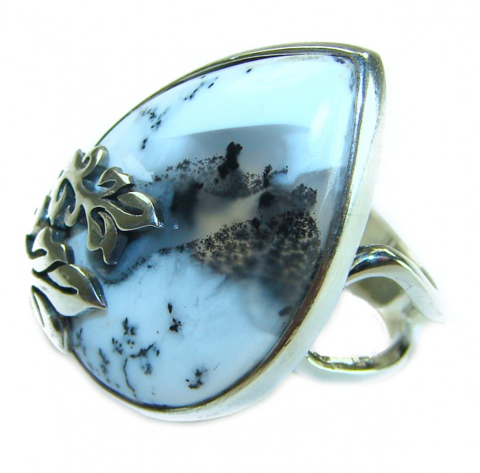 Top Quality Dendritic Agate .925 Sterling Silver handcrafted Ring s. 7 adjustable - Dendritic agate ring, side view, silver leaf detail, handcrafted.
