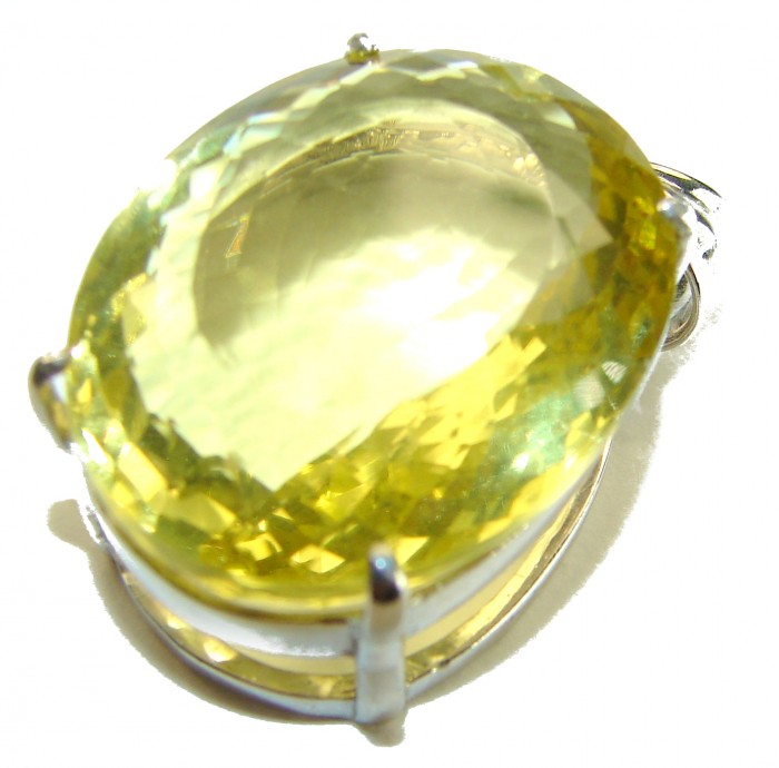Perfection Oval cut 37.3 carat Lemon Quartz .925 Sterling Silver handcrafted LARGE pendant - Close-up of 37.3 carat lemon quartz set in .925 sterling silver.