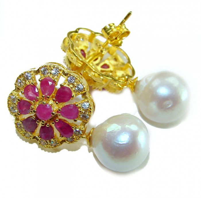 Born to Glam authentic 15.2 carat Ruby Pearl 18K Gold over .925 Sterling Silver handcrafted earrings - Ruby and pearl earrings, close-up, 18K gold setting with gemstones.