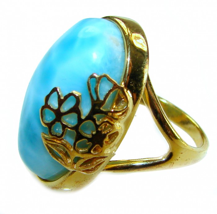 Blue Perfection best QUALITY Blue Larimar 18K rose Gold over .925 Sterling Silver handmade Large ring size 6 3/4 - Side view of blue Larimar ring with floral rose gold design.