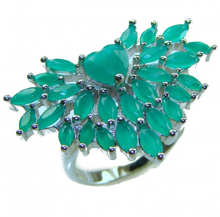 Precious Heart 15.8 carat natural Colombian Emerald .925 Sterling Silver handmade Statement Ring size 7 1/2 - Close-up of Precious Heart Colombian Emerald ring with silver setting.