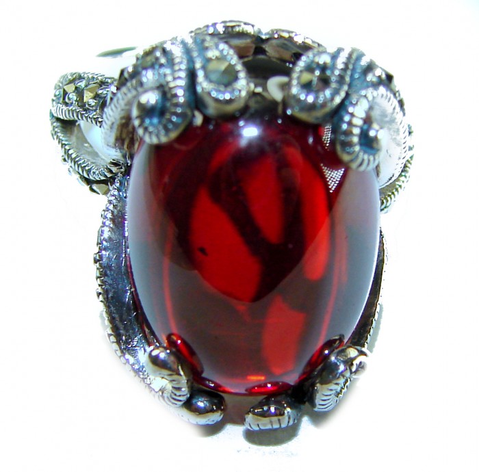 Crimson Fire Natural 28.8 carat Garnet Marcasite .925 Sterling Silver handmade Large Statement Ring size 7 - Close-up of a Crimson Fire Garnet ring with marcasite detailing.
