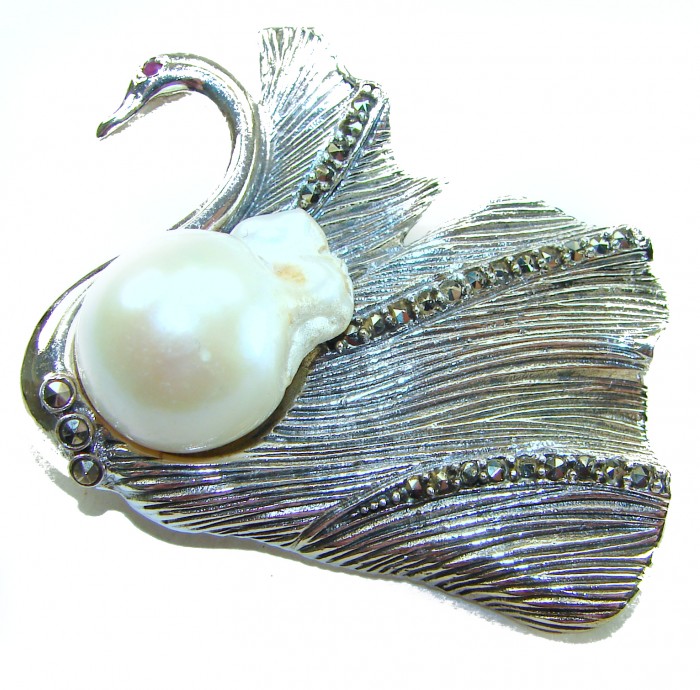 Perfect Swan Mother of Pearl Ruby .925 Sterling Silver handmade Pendant Brooch - Swan brooch with pearl and ruby in silver, detailed front view.