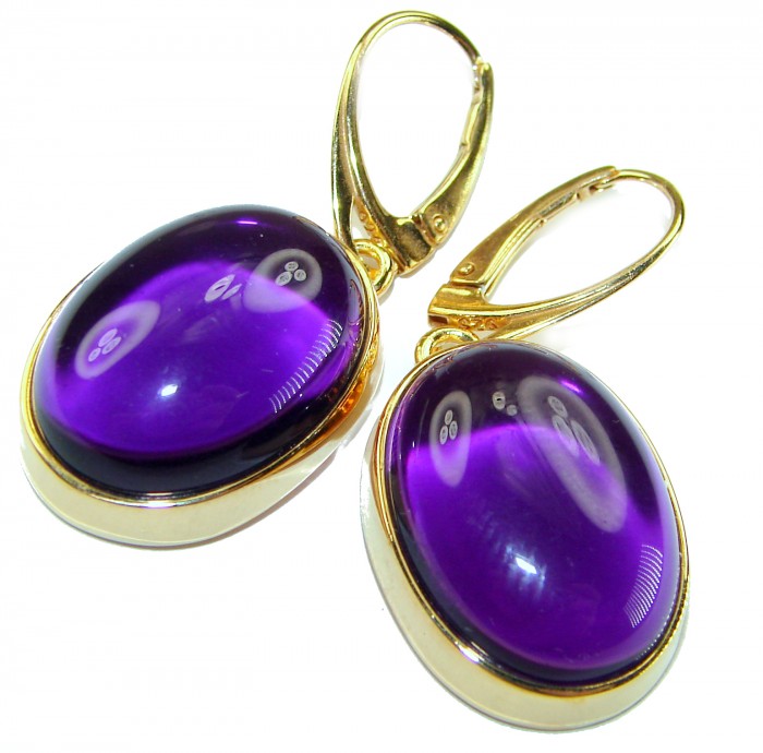 Lavender Beauty authentic 16.2 carat Amethyst 14K Gold over .925 Sterling Silver handcrafted earrings - Close-up of oval amethyst earrings with gold lever-back clasps