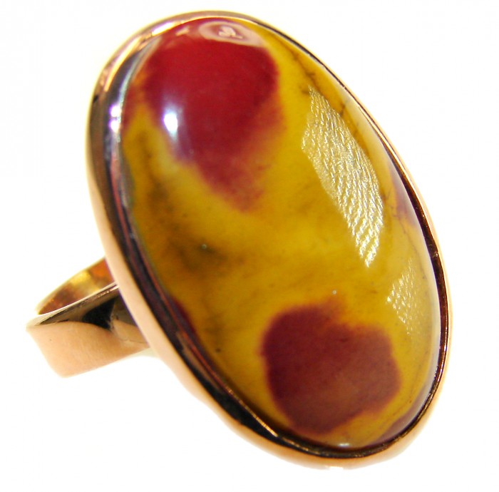 Mars best quality 23.8 carat Mookaite 18K Rose Gold over .925 Sterling Silver handmade ring 7 adjustable - Close-up of Mookaite stone ring in 18K rose gold, side view.
