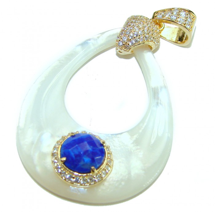 Genuine Blister Pearl lab grown Diamond 18K Gold over .925 Sterling Silver Statement pendant - Pearl pendant with blue stone and diamonds, front view.