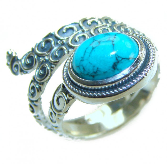 Serenity - 7.5 carat genuine Turquoise .925 Sterling Silver Ring size 6 - Turquoise ring close-up showing intricate silver swirl design.