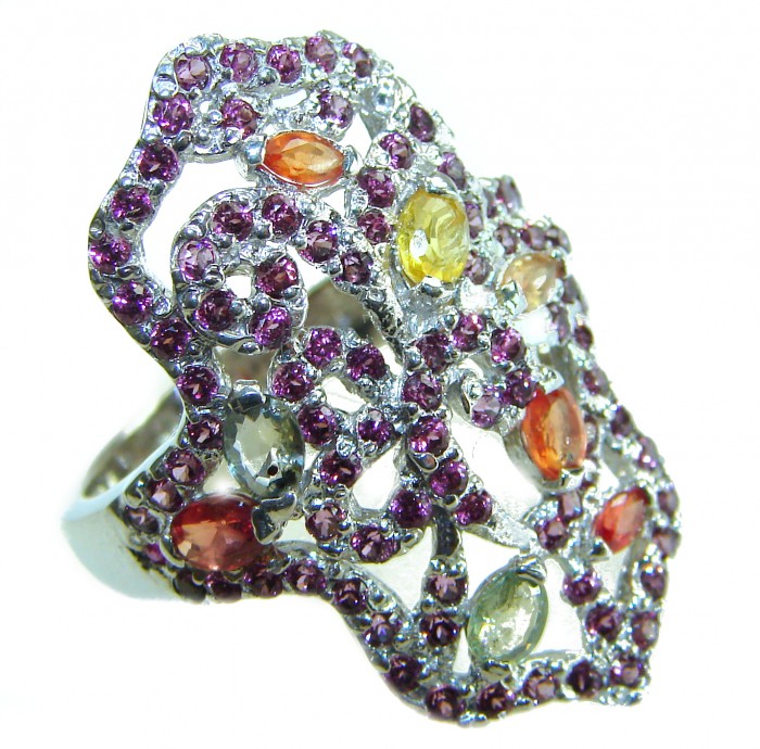 Spring 10.2 carat multicolor Sapphire .925 Sterling Silver brilliantly handcrafted ring s. 9 - Intricate side view of multicolor sapphire ring in sterling silver.