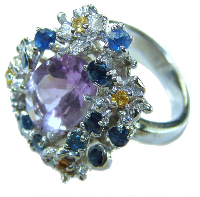 Elizabeth - Precious Natural 14.5 carat Amethyst from Uruguay Rhodium over .925 Sterling Silver Handcrafted Ring size 7 3/4 - Close-up of 14.5 carat amethyst ring with blue and yellow accents
