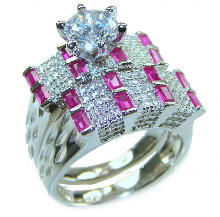Exotic Beauty 5.5 carat Ruby .925 Sterling Silver Handcrafted Stackable Ring size 8 - Exotic Beauty ring side view with rubies and diamond on sterling silver.