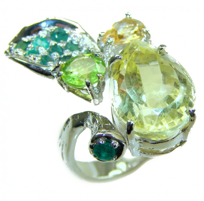 Exotic Flower 22.8 carat Genuine Lemon Quartz .925 Sterling Silver handcrafted ring size 7 - Close-up of Exotic Flower ring with lemon quartz and green gemstones.