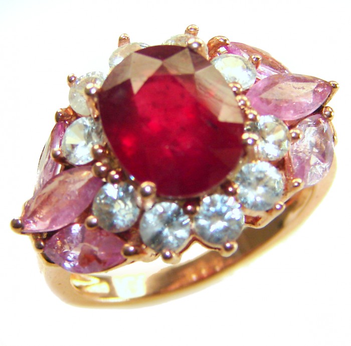 Bella Rosa Genuine 8.8 carat Kasmir Ruby .925 Sterling Silver dipped in 22K Rose Gold Statement Ring size 7 1/2 - Close-up of Bella Rosa 8.8 ct Kashmir Ruby ring with pink and clear stones.