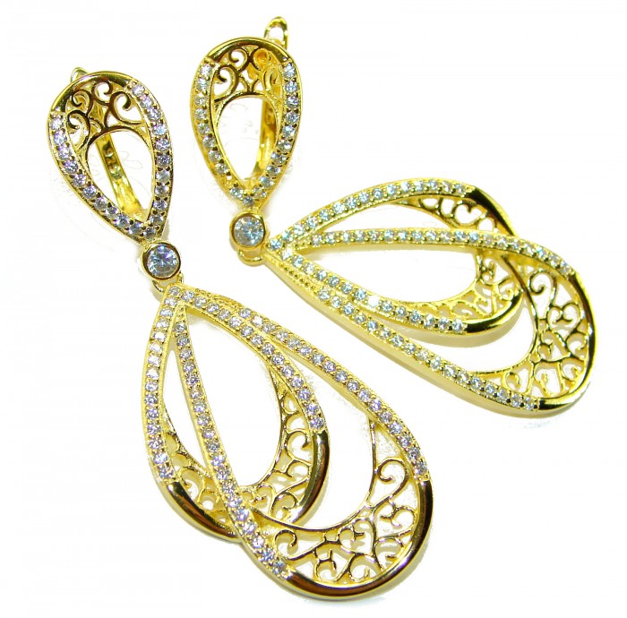Black Label Collection - Dubai Style - Natural 22K Gold over .925 Sterling Silver handmade earrings - Dubai Style Gold Earrings, front view, intricate design with stones