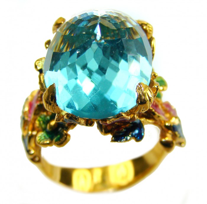 Pacifica - Authentic Fancy Rose cut 44.5 carat Swiss Blue Topaz Enamel 22K Gold over .925 Sterling Silver handcrafted Large Statement ring size 7 1/4 - Close-up of Pacifica ring with 44.5 ct Swiss Blue stone and floral setting.