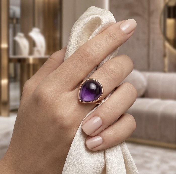 Top quality 23.5 carat Amethyst .925 Sterling Silver dipped in 18K Gold Handcrafted Large Ring size 6 - Amethyst ring close-up, worn on hand, showcasing 23.5 carat stone.