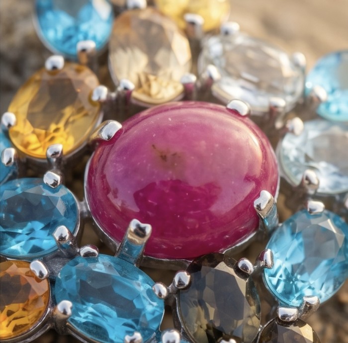 Giovanna- 25.5 carat Authentic Kashmir Ruby .925 Sterling Silver handcrafted Pendant and Brooch - Stone close-up of Kashmir ruby with multicolored gemstones in silver setting