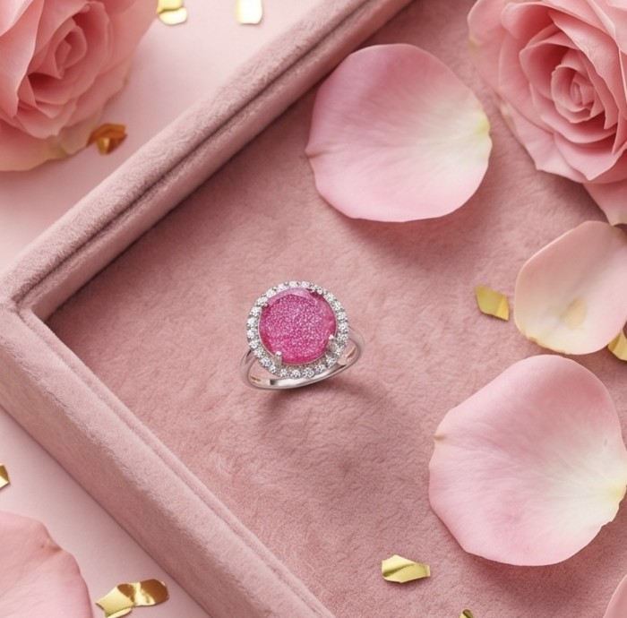 Emily 6.8 carat Brazilian Pink Tourmaline .925 Sterling Silver Handcrafted Statement Ring size 7 - Pink tourmaline ring in box, top view, surrounded by rose petals