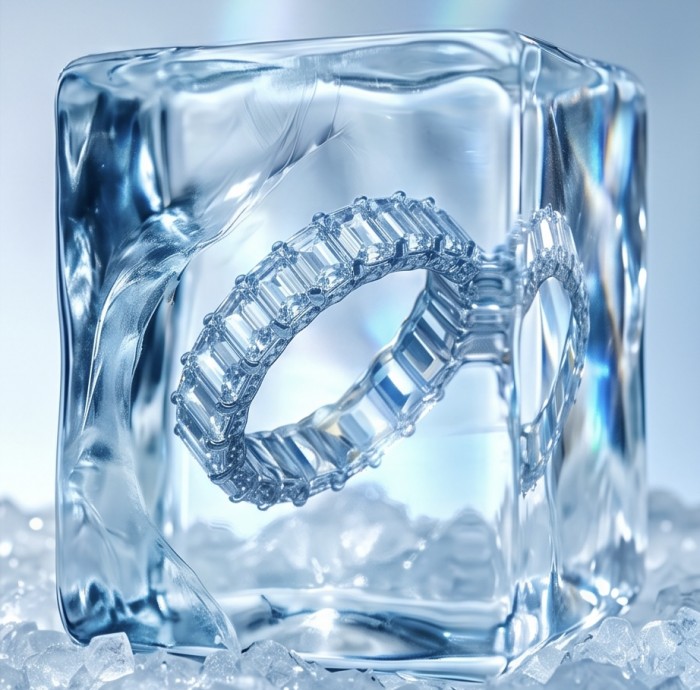 Luxurious 3.5 carat White Topaz .925 Sterling Silver Solid Infinity ring size 7 - Close-up of luxurious white topaz ring in clear ice block