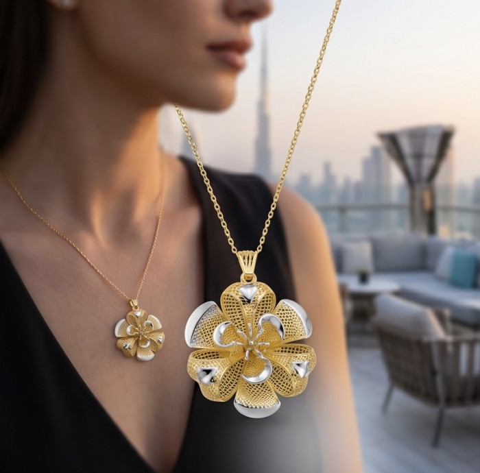 Dubai Style - Golden Rose .925 Sterling Silver dipped in 22K Gold handmade Pendant - Close-up of Golden Rose necklace worn on a woman's neck, Dubai skyline backdrop.