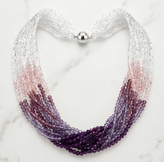 Purple CASCADE Authentic Mountain Crystal .925 Sterling Silver handmade Necklace - Necklace top view, multicolored crystal strands with a silver clasp.