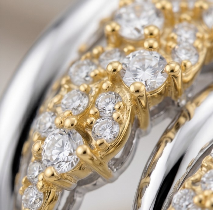 Natural 4.5 carat White Topaz 2 tones .925 Sterling Silver handcrafted ring; s. 7 - Close-up of white topaz on two-tone sterling silver jewelry.