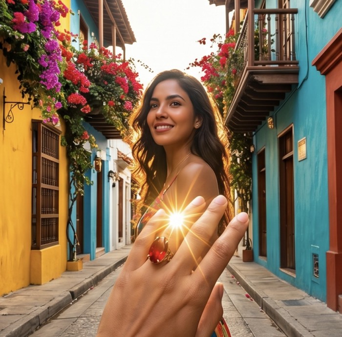 Carmen Natural 25.4 carat Ruby .925 Sterling Silver dipped in 22K Gold handmade Large Statement Ring size 6 1/4 - Ruby ring close-up, worn on hand, street scene background.