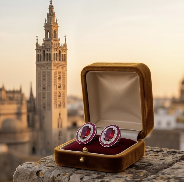 Precious - Art Deco 10.2 carat Ruby .925 Sterling Silver handmade earrings - Ruby earrings in velvet box, tower backdrop at sunset, front view