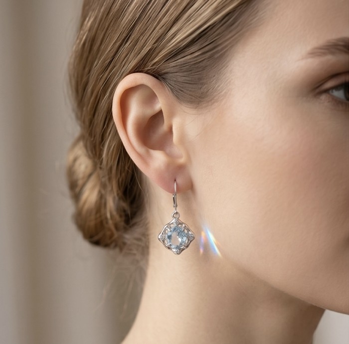 Angelina 8.9 carat authentic Swiss Blue Topaz .925 Sterling Silver Handcrafted Earrings - Side view of Swiss Blue Topaz earring worn on ear