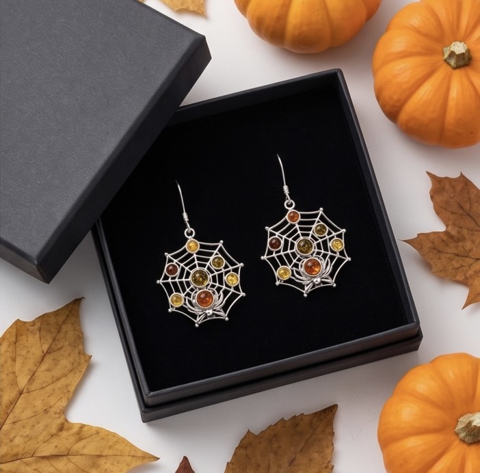 Spider's Web - Authentic Baltic Amber .925 Sterling Silver handcrafted earrings - Spider's Web earrings in gift box, top view, with autumn decor.