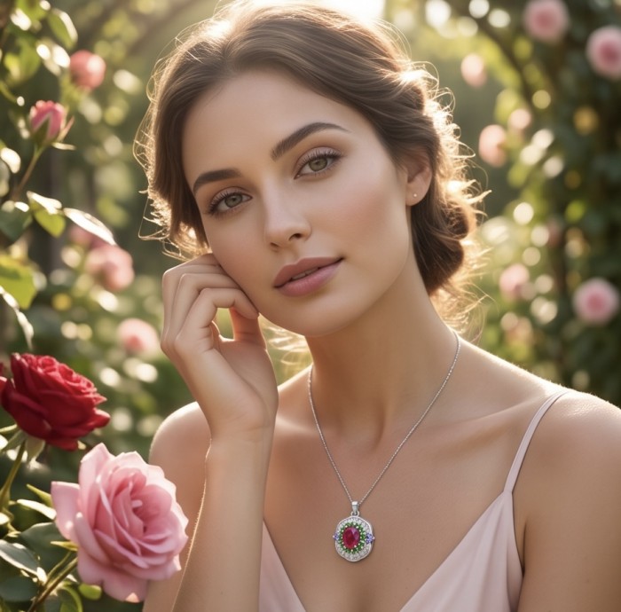 Rose Garden 8.2 carat authentic Mozambique Ruby .925 Sterling Silver handmade Pendant - Woman wearing Rose Garden necklace with Mozambique Ruby in garden setting.