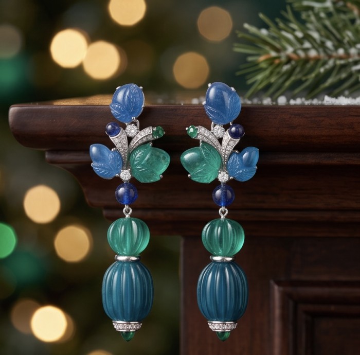 Art Deco - Luxurious natural 28.5 carat Sapphire .925 Sterling Silver Perfectly handcrafted earrings - Art Deco sapphire earrings front view with intricate detailing
