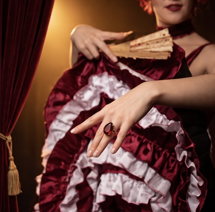 Carmen Natural 25.4 carat Ruby .925 Sterling Silver dipped in 22K Gold handmade Large Statement Ring size 6 - Ruby ring on hand, ruffled dress background, elegant setting.