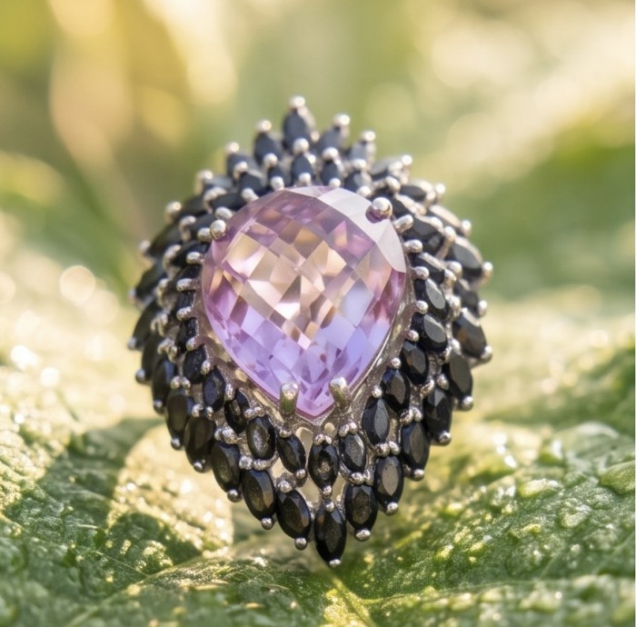 Giuseppina - Authentic 18.5 carat Amethyst Sapphire rhodium over .925 Sterling Silver handcrafted Statement Ring size 7 3/4 - Close-up of Giuseppina Amethyst Sapphire ring on a leafy background