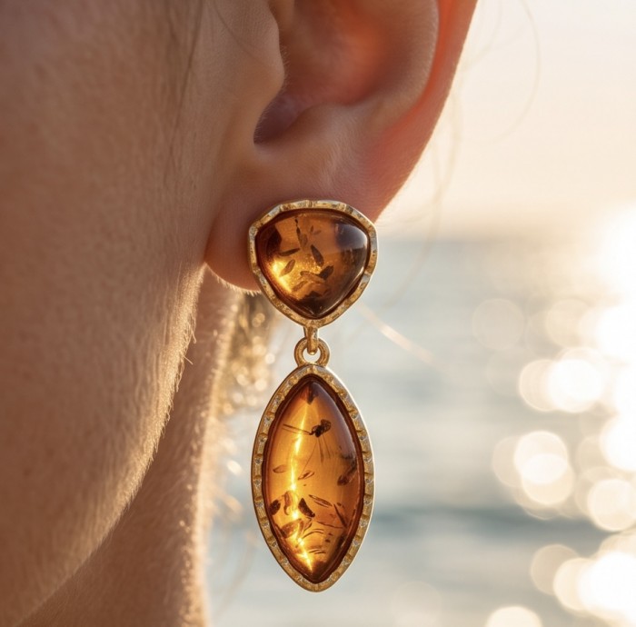 Golden Honey Drops authentic Baltic Amber 14K Gold over .925 Sterling Silver earrings - Amber earrings in sunlight, worn close-up view.