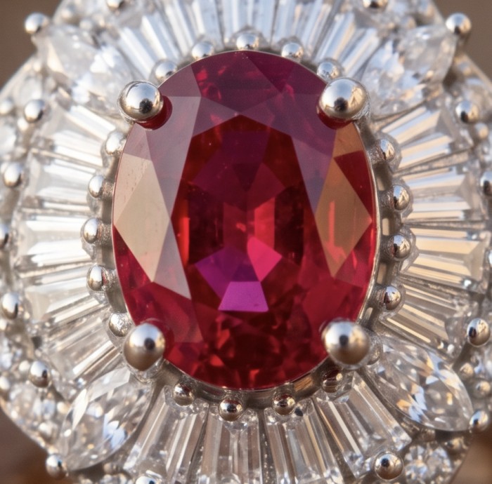 Scarlett 4.7 ctw Mozambique Ruby .925 Sterling Silver handcrafted Statement Ring size 7 1/2 - Ruby stone close-up with silver and diamond detail.