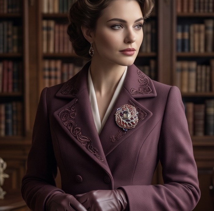 Mademoiselle - Vintage Design 32.4 CARAT Smoky Topaz Brazilian Granet rhodium over .925 Sterling Silver handcrafted Pendant & Brooch - Woman in plum coat with brooch in elegant library setting.