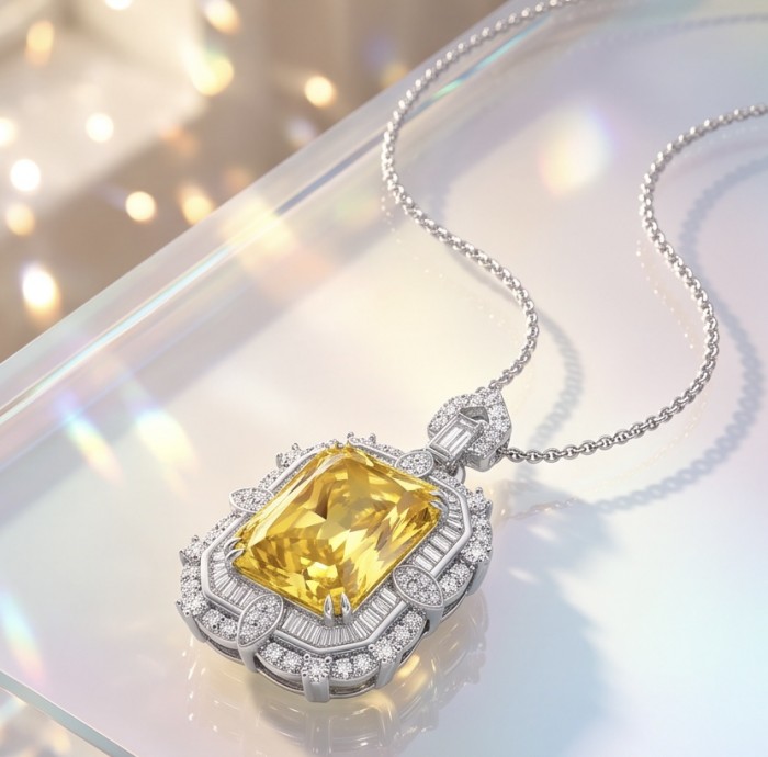 Art Deco - Baquette cut 35.5 carat YELLOW SAPPHIRE .925 Sterling Silver dipped in Rhodium handcrafted necklace - Close-up of Art Deco necklace with yellow sapphire and diamond accents.