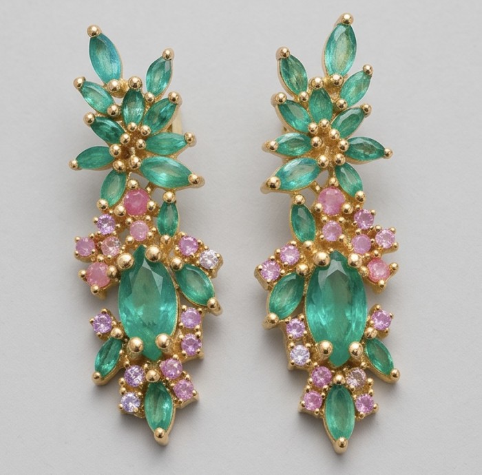 Amazonia - 4.7 carat Colombian Emerald .925 Sterling Silver dipped in 18k Gold Handcrafted Statement earrings - Colorful drop earrings with emeralds and pink stones, front view.