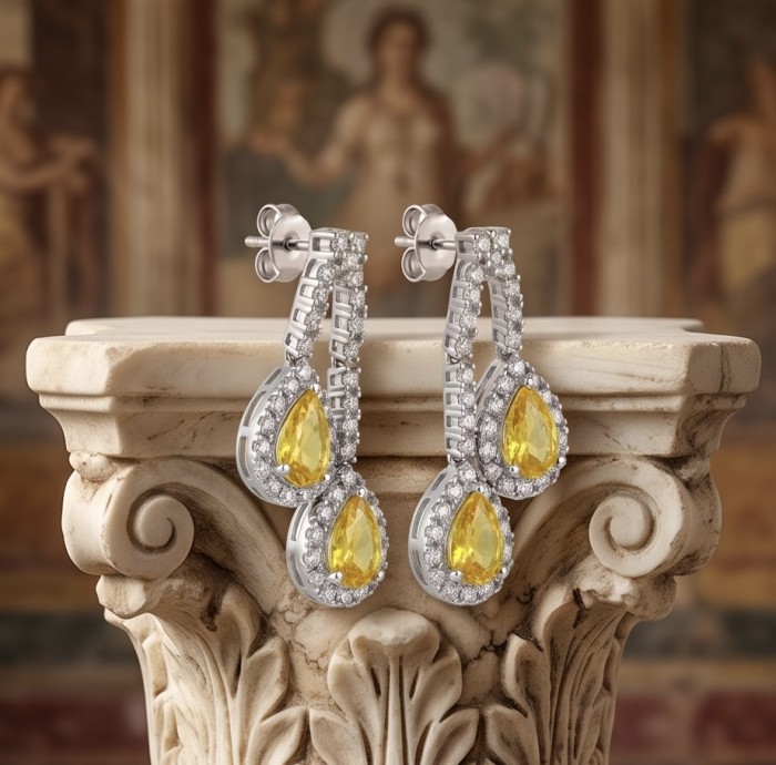 Luxurious - 7.4 carat Yellow Sapphire from Ceylon .925 Sterling Silver dipped in Rhodium handcrafted earrings - Luxurious yellow sapphire earrings displayed on ornate pedestal.