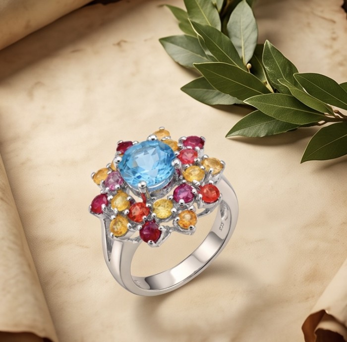 Belssings Natural 12.8 carat Swiss Blue Topaz .925 Sterling Silver dipped in rhodium handmade Statement Ring size 8 - Top view of multicolored gemstone ring with blue topaz centerpiece