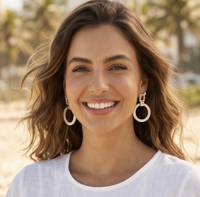 Genuine Blister Pearl lab grown Diamond 18K Gold over .925 Sterling Silver handcrafted Statement Earrings - Woman wearing gold and pearl hoop earrings, close-up on the beach.