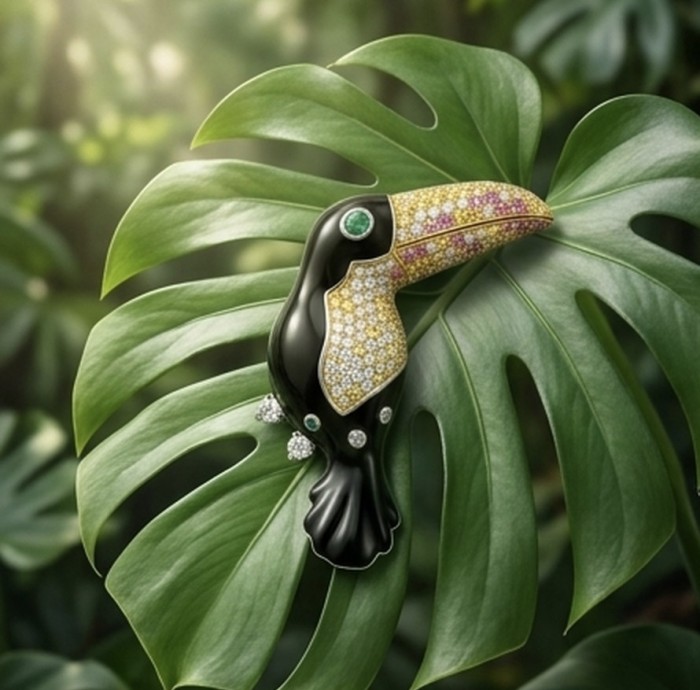 Exotic Toucan - Genuine 2.5 carat pave Ruby Emerald black enamel .925 Sterling Silver dipped in 18k Gold handmade Pendant - Brooch - Exotic toucan brooch on leaf, side view, emerald and ruby accents