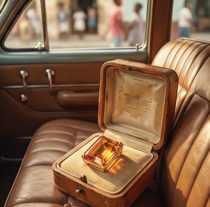 Luxury genuine Fancy asscher cut 29.5 CARAT Champagne Topaz 22K Gold over .925 Sterling Silver handmade Pendant - Luxury champagne gemstone in case on vintage car seat, side view