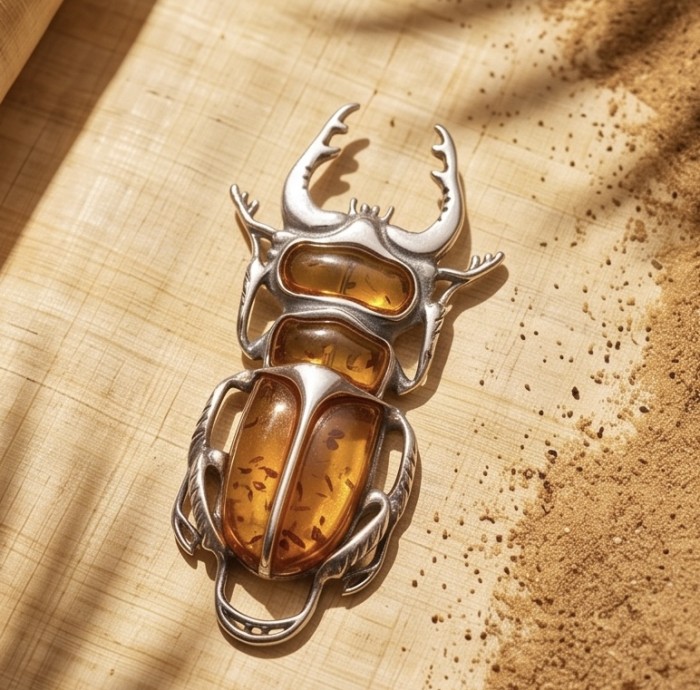 Secret Scarabaeus Baltic Polish Amber .925 Sterling Silver dipped in Rhodium Pendant / Brooch - Amber sterling silver beetle brooch, top view on wooden surface.