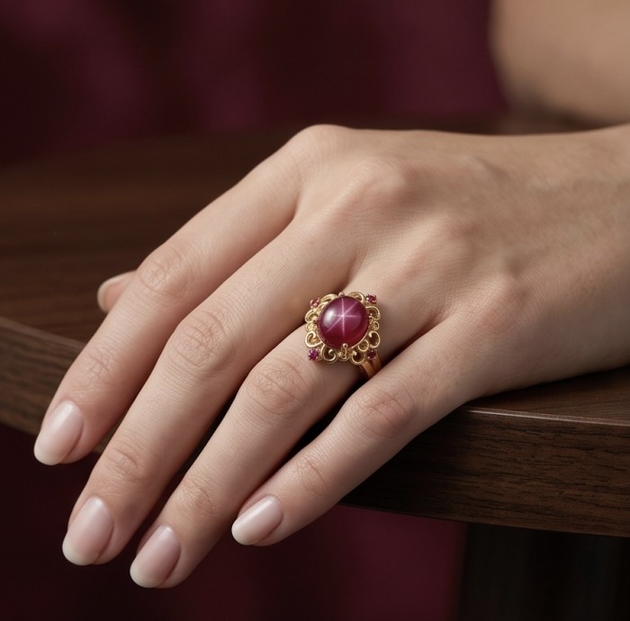 Bella Rosa Genuine 9.5 CARAT Star Ruby 22K Gold over .925 Sterling Silver Statement Ring size 7 - Bella Rosa Star Ruby ring worn on hand, gold setting detail.