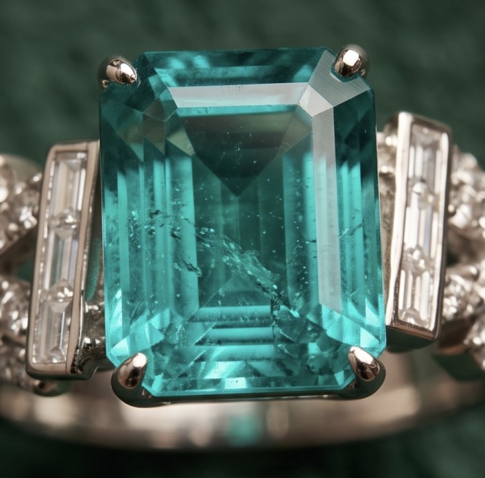 Elizabeth 11.7 carat Colombian Emerald .925 Sterling Silver dipped in Rhodium handcrafted Ring size 7 3/4 - Close-up of emerald-cut Colombian emerald in sterling silver setting