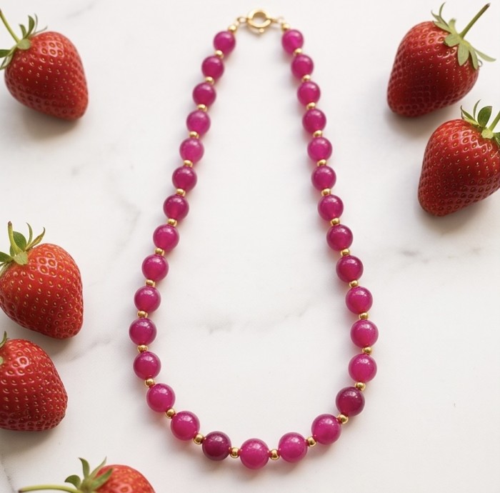 Outstanding Pink Tourmaline 10K Gold over .925 Sterling Silver handcrafted Statement necklace - Pink tourmaline necklace with strawberries on marble background.