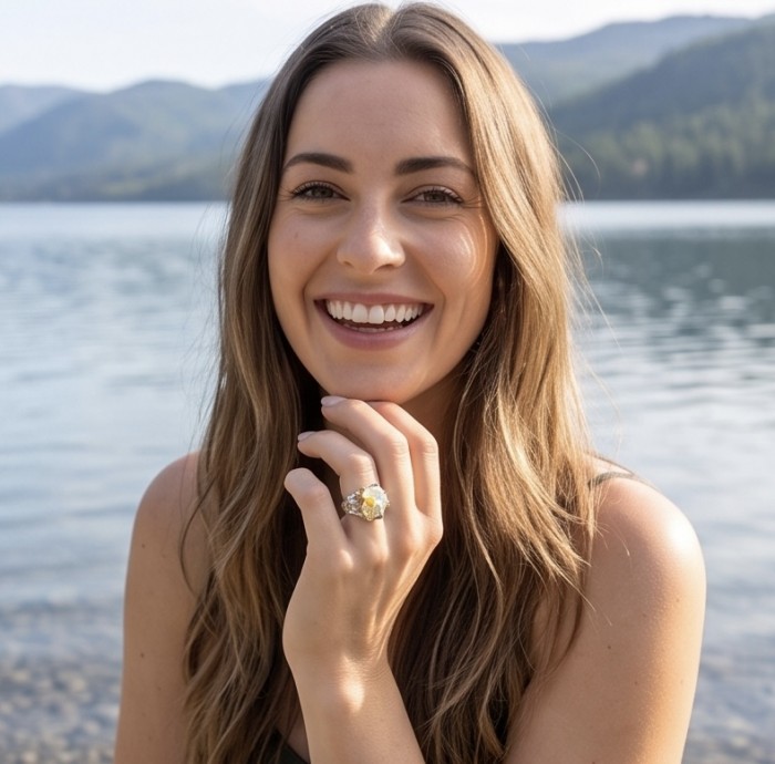 ENDLESS OCEAN 11.8 ctw Genuine Rough Ethiopian Opal .925 Sterling Silver handmade Ring size 8 - Woman wearing ENDLESS OCEAN ring by a lake, focus on ring detail.