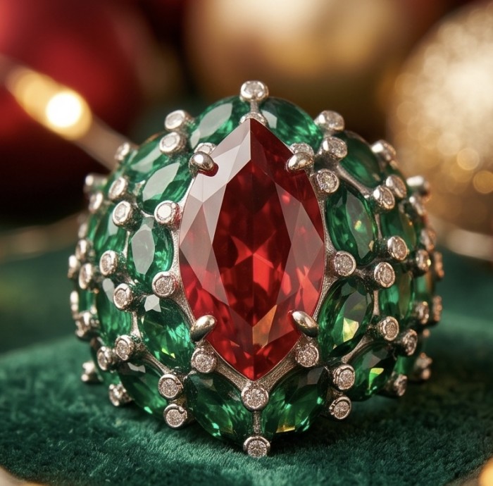 Giovanna 28.6 carat Ruby Emerald .925 Sterling Silver dipped rhodium handmade Huge Statement Ring size 8 - Close-up of Giovanna 28.6 carat Ruby Emerald in .925 Sterling Silver